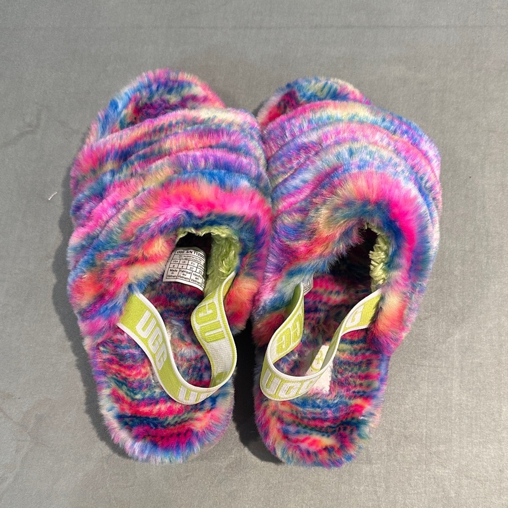 UGG Neon Rainbow Fuzzy Slide with Branded Strap Size 6